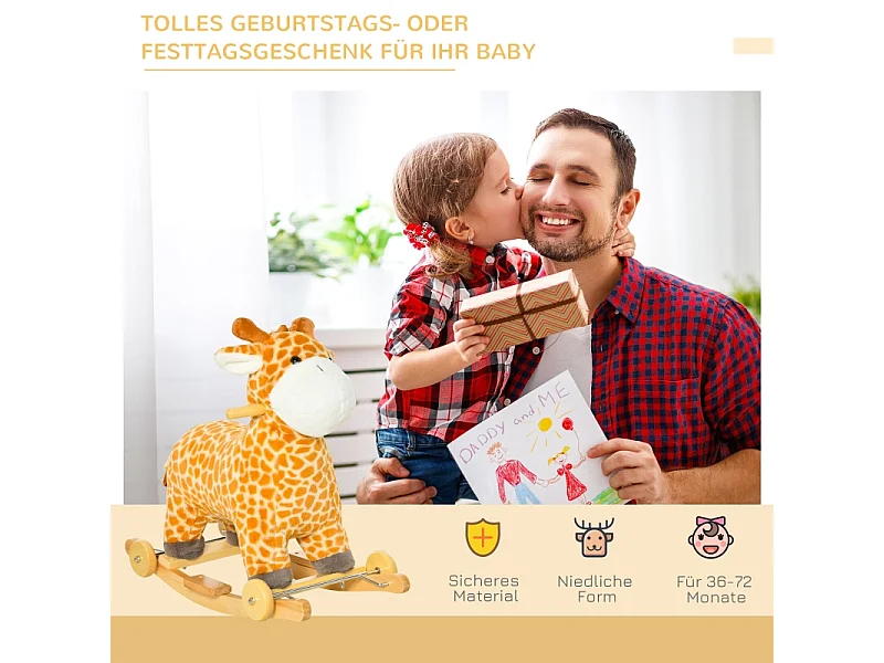 Cheval à bascule 2-en-1 girafe avec effets sonores, roues et poignées, peluche, pour enfants 3-6 ans, métal, jaune (63x38x63cm)