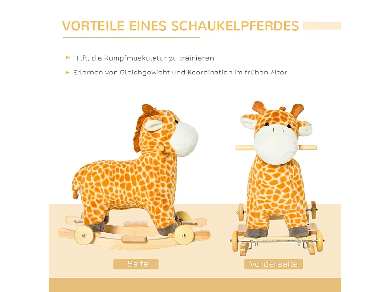 Cheval à bascule 2-en-1 girafe avec effets sonores, roues et poignées, peluche, pour enfants 3-6 ans, métal, jaune (63x38x63cm)