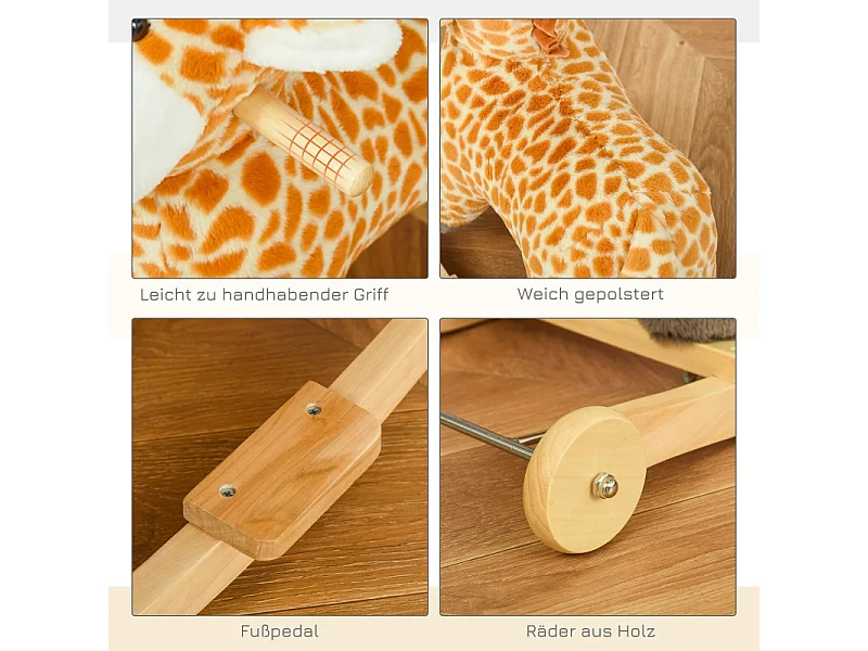 Cheval à bascule 2-en-1 girafe avec effets sonores, roues et poignées, peluche, pour enfants 3-6 ans, métal, jaune (63x38x63cm)