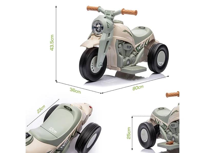 Moto elettrica per bambini, 6V con musica e bolle, plastica, bianco crema, faro integrato (80x36x43,5 cm)