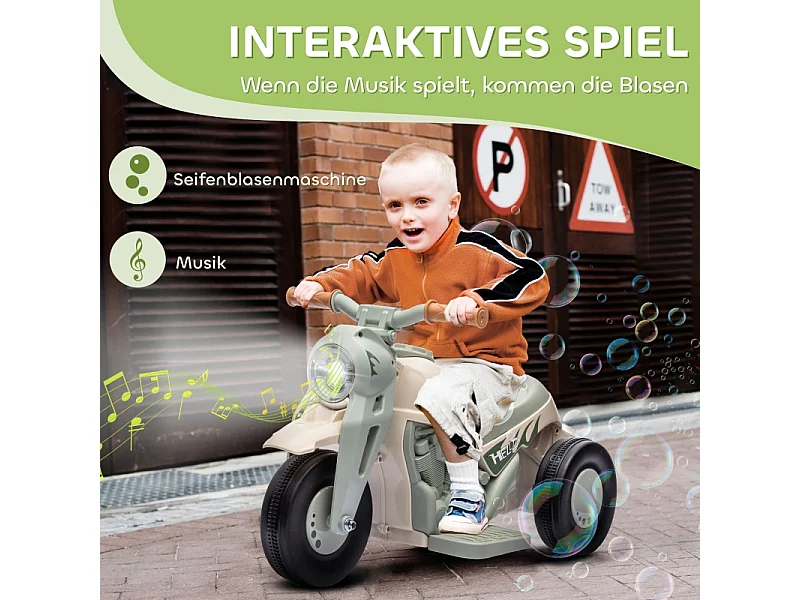 Moto elettrica per bambini, 6V con musica e bolle, plastica, bianco crema, faro integrato (80x36x43,5 cm)