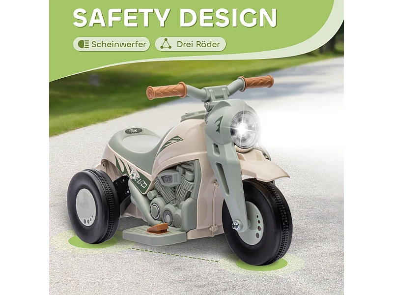 Moto elettrica per bambini, 6V con musica e bolle, plastica, bianco crema, faro integrato (80x36x43,5 cm)