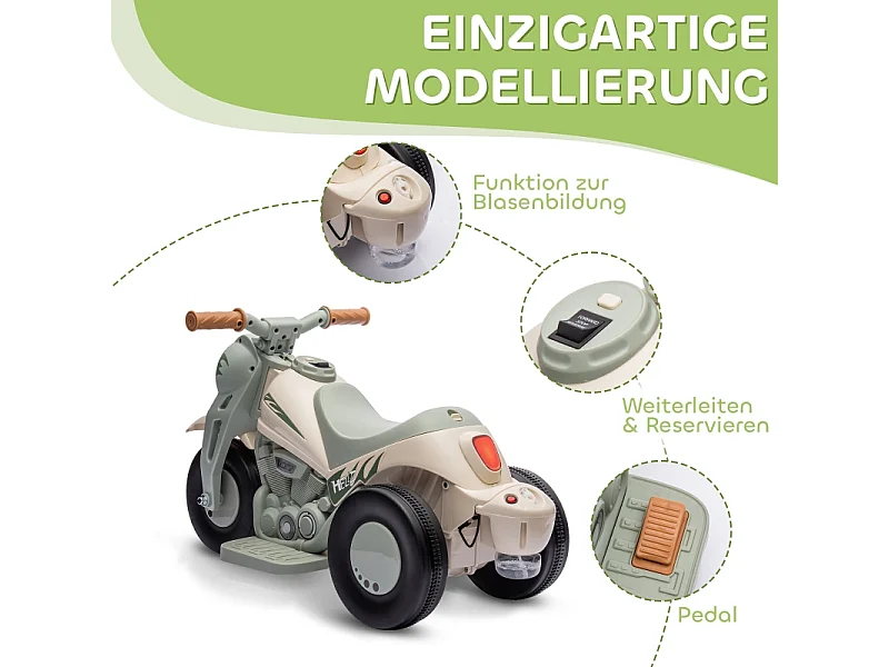 Moto elettrica per bambini, 6V con musica e bolle, plastica, bianco crema, faro integrato (80x36x43,5 cm)