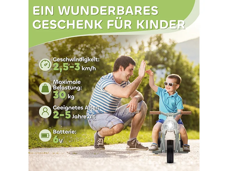 Moto elettrica per bambini, 6V con musica e bolle, plastica, bianco crema, faro integrato (80x36x43,5 cm)