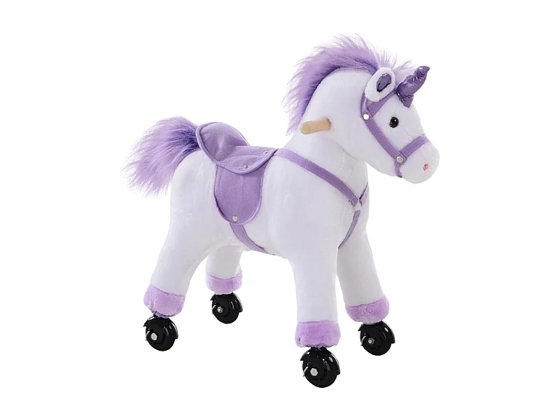 Caballo balancín interactivo de peluche con sonido de relincho, madera y tela, morado (55x23x60cm)