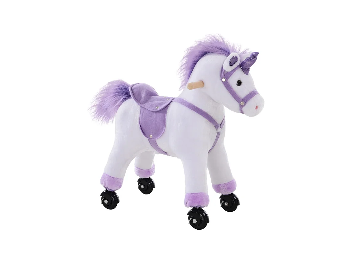 Cheval à bascule interactif en peluche, avec hennissement, bois et textile, violet (55x23x60cm)