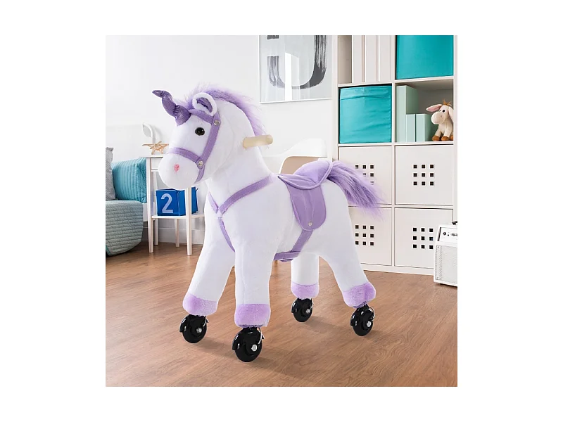 Cheval à bascule interactif en peluche, avec hennissement, bois et textile, violet (55x23x60cm)