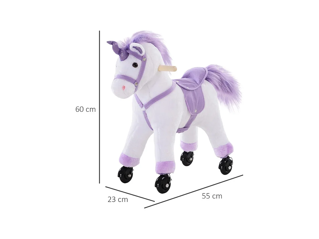 Cheval à bascule interactif en peluche, avec hennissement, bois et textile, violet (55x23x60cm)