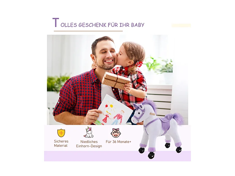 Cheval à bascule interactif en peluche, avec hennissement, bois et textile, violet (55x23x60cm)