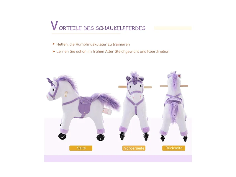 Cheval à bascule interactif en peluche, avec hennissement, bois et textile, violet (55x23x60cm)