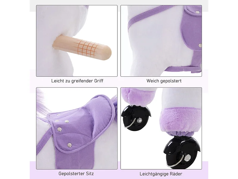 Cheval à bascule interactif en peluche, avec hennissement, bois et textile, violet (55x23x60cm)