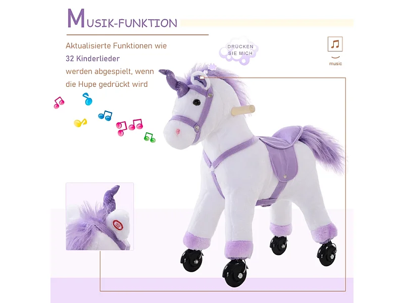 Cheval à bascule interactif en peluche, avec hennissement, bois et textile, violet (55x23x60cm)