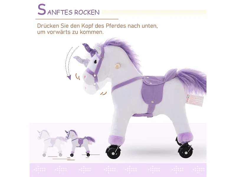 Cheval à bascule interactif en peluche, avec hennissement, bois et textile, violet (55x23x60cm)