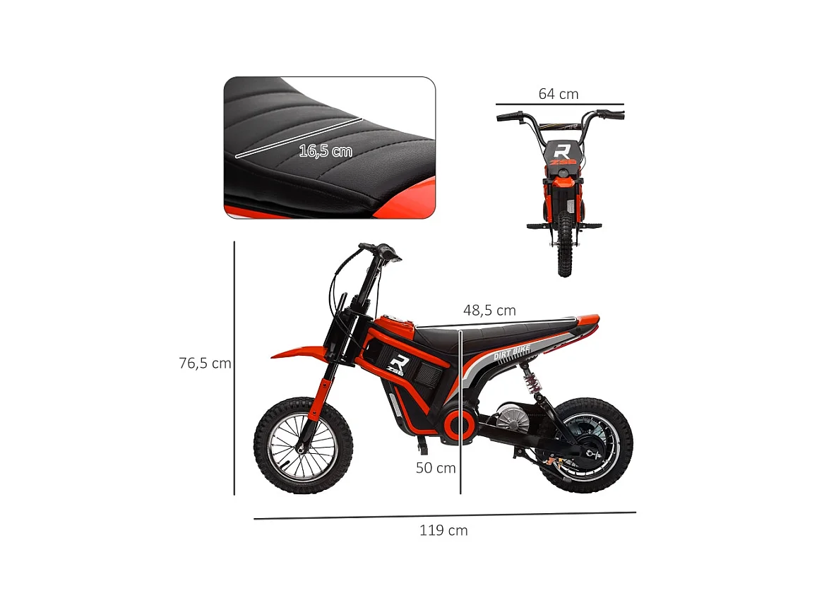 Moto électrique pour enfants, 24V avec klaxon et éclairage, métal, rouge (119x64x76.5 cm)