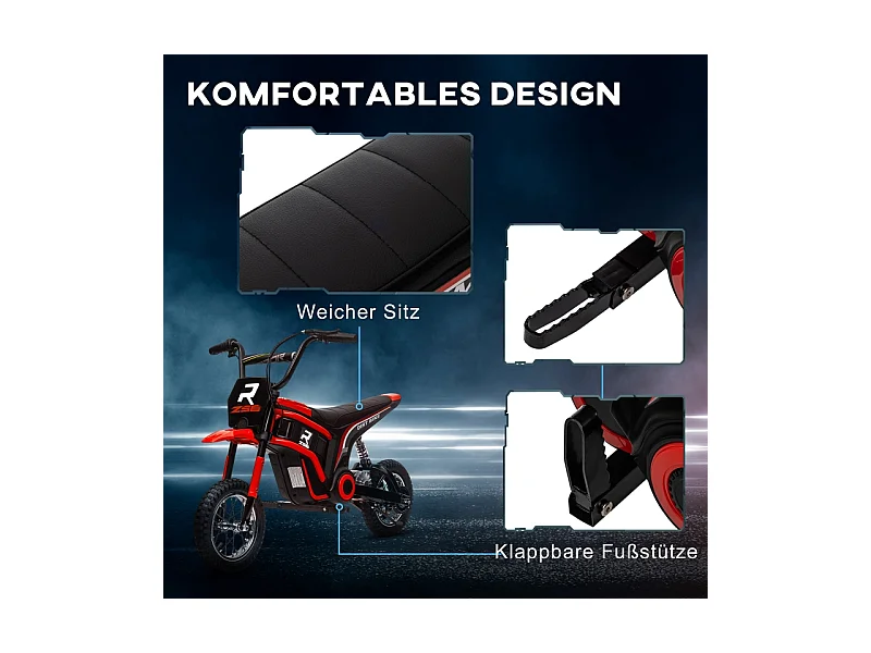 Moto électrique pour enfants, 24V avec klaxon et éclairage, métal, rouge (119x64x76.5 cm)