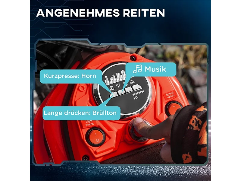 Moto électrique pour enfants, 24V avec klaxon et éclairage, métal, rouge (119x64x76.5 cm)