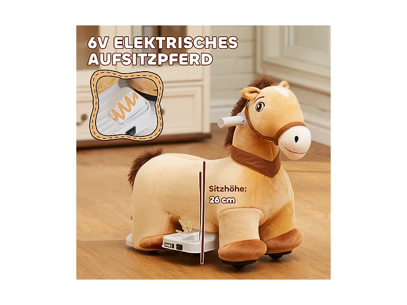 Cheval électrique pour enfant, jouet à bascule avec musique et pédale, polyester, marron (69x34x53cm)
