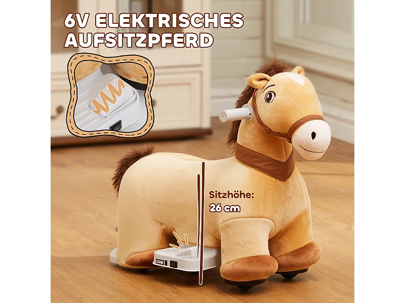 Cheval électrique pour enfant, jouet à bascule avec musique et pédale, polyester, marron (69x34x53cm)