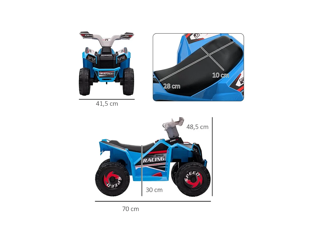 Quad électrique pour enfants, vitesse de 2,5 km/h, marche avant/arrière, métal, bleu (70x41.5x48.5 cm)