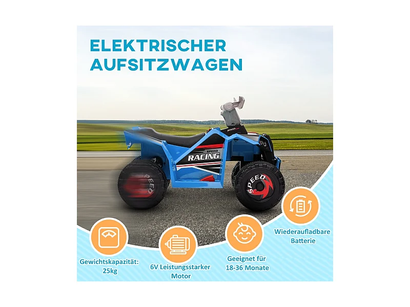 Quad électrique pour enfants, vitesse de 2,5 km/h, marche avant/arrière, métal, bleu (70x41.5x48.5 cm)