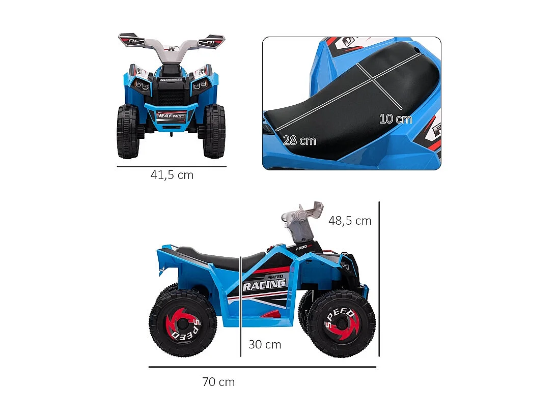 Quad électrique pour enfants, vitesse de 2,5 km/h, marche avant/arrière, métal, bleu (70x41.5x48.5 cm)