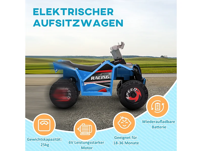 Quad électrique pour enfants, vitesse de 2,5 km/h, marche avant/arrière, métal, bleu (70x41.5x48.5 cm)