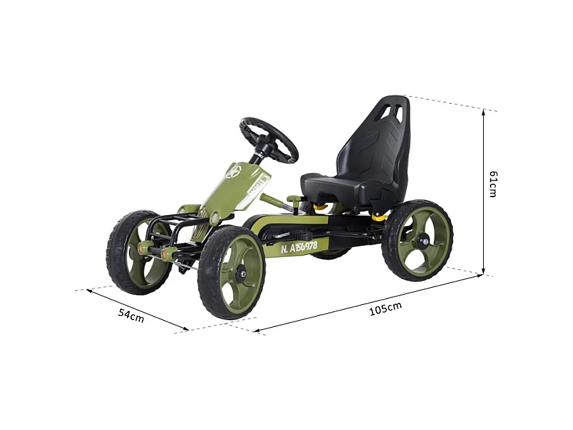 Go-kart à pédales avec frein à main, siège réglable, métal, vert (105x54x61cm)