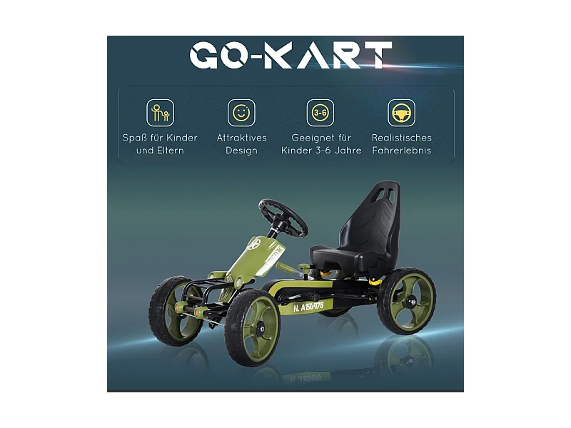 Go-kart à pédales avec frein à main, siège réglable, métal, vert (105x54x61cm)