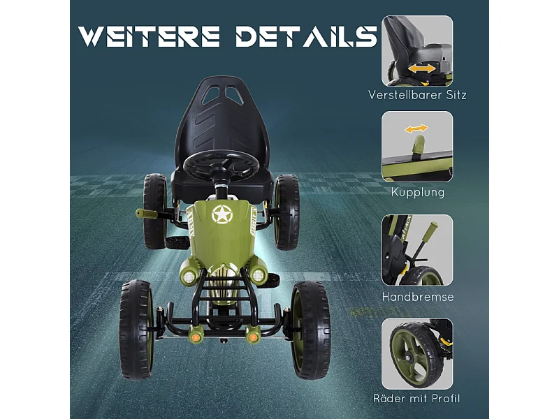 Go-kart à pédales avec frein à main, siège réglable, métal, vert (105x54x61cm)