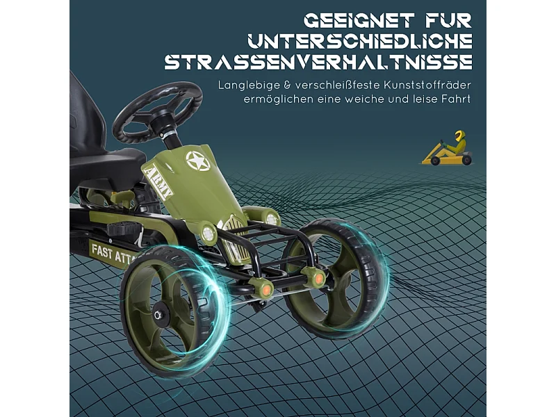 Go-kart à pédales avec frein à main, siège réglable, métal, vert (105x54x61cm)