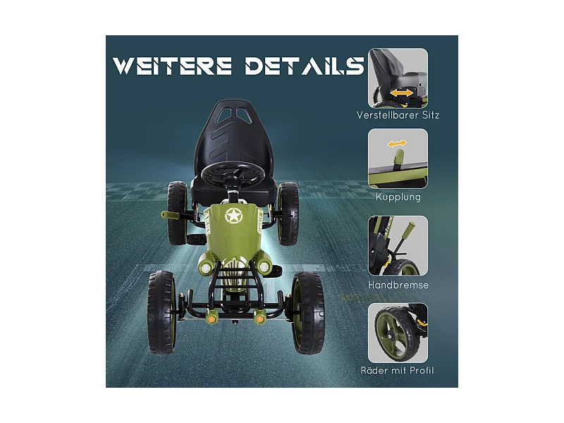 Go-kart à pédales avec frein à main, siège réglable, métal, vert (105x54x61cm)