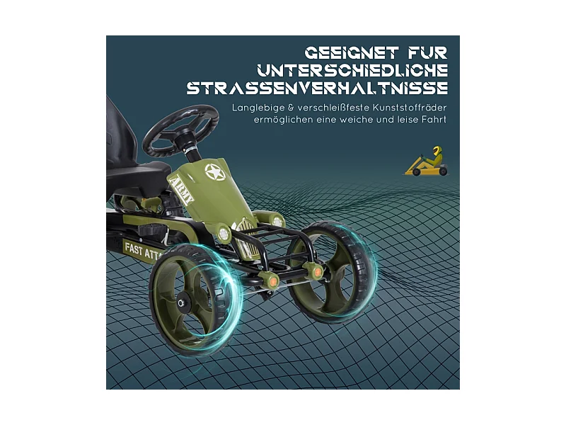 Go-kart à pédales avec frein à main, siège réglable, métal, vert (105x54x61cm)