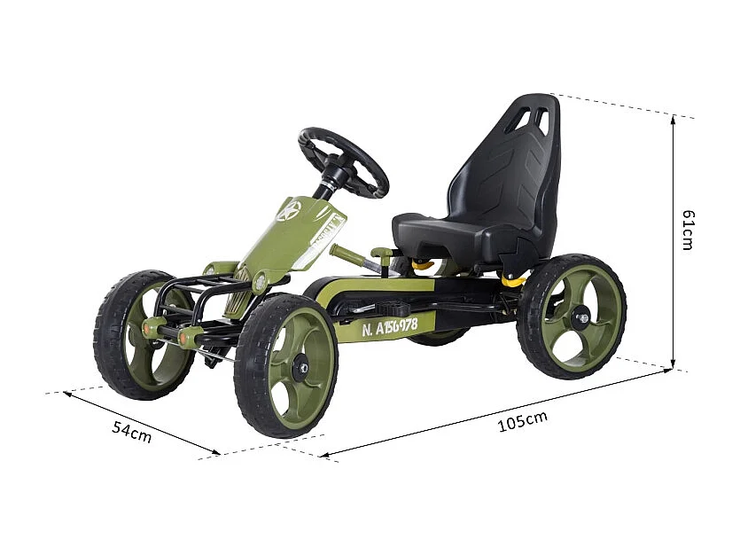 Go-kart à pédales avec frein à main, siège réglable, métal, vert (105x54x61cm)