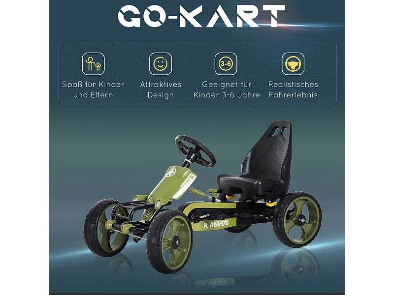 Go-kart à pédales avec frein à main, siège réglable, métal, vert (105x54x61cm)