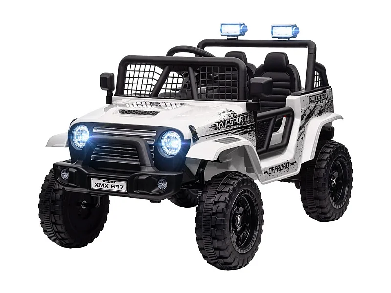 Voiture électrique pour enfants, tout-terrain 12V avec télécommande 2,4G, musique et phares, plastique, blanc (109x67x68,5 cm)