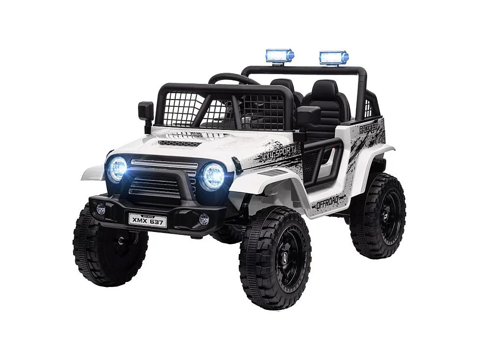 Elektrische kinderauto, 12V terreinwagen met 2.4G afstandsbediening, muziek en koplampen, kunststof, wit (109x67x68,5 cm)