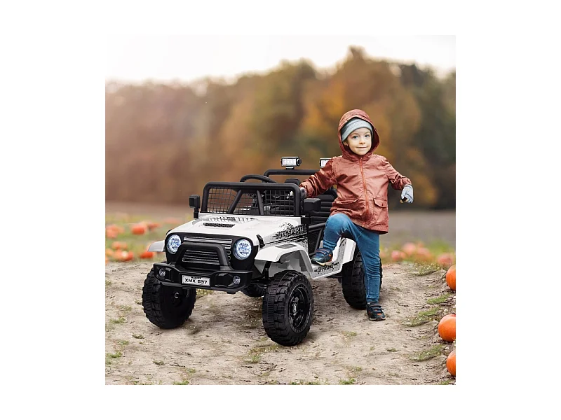 Elektrische kinderauto, 12V terreinwagen met 2.4G afstandsbediening, muziek en koplampen, kunststof, wit (109x67x68,5 cm)