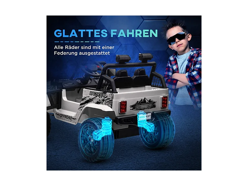Elektrische kinderauto, 12V terreinwagen met 2.4G afstandsbediening, muziek en koplampen, kunststof, wit (109x67x68,5 cm)