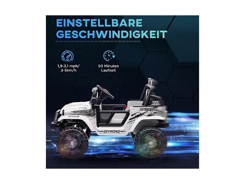 Elektrische kinderauto, 12V terreinwagen met 2.4G afstandsbediening, muziek en koplampen, kunststof, wit (109x67x68,5 cm)