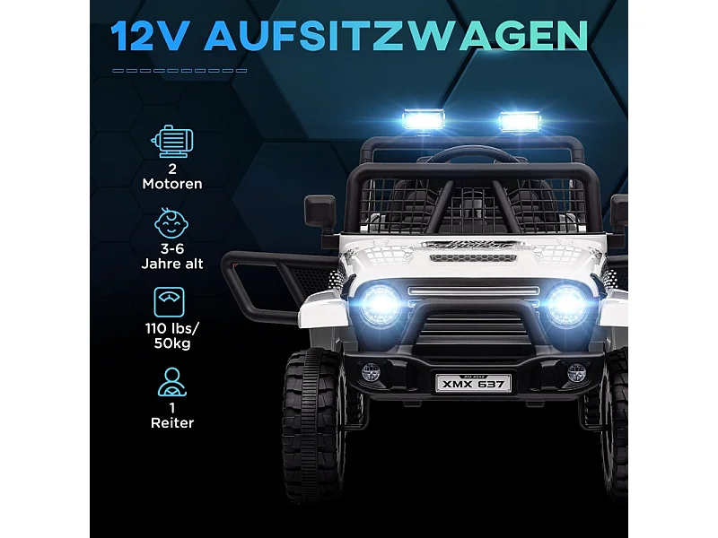 Voiture électrique pour enfants, tout-terrain 12V avec télécommande 2,4G, musique et phares, plastique, blanc (109x67x68,5 cm)