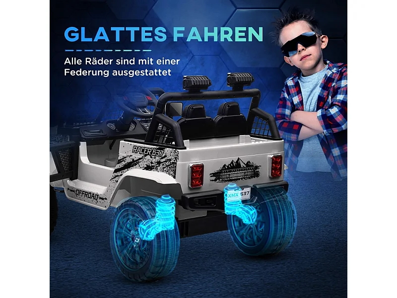 Voiture électrique pour enfants, tout-terrain 12V avec télécommande 2,4G, musique et phares, plastique, blanc (109x67x68,5 cm)