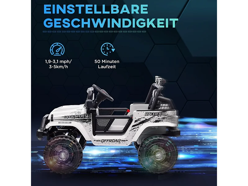 Voiture électrique pour enfants, tout-terrain 12V avec télécommande 2,4G, musique et phares, plastique, blanc (109x67x68,5 cm)