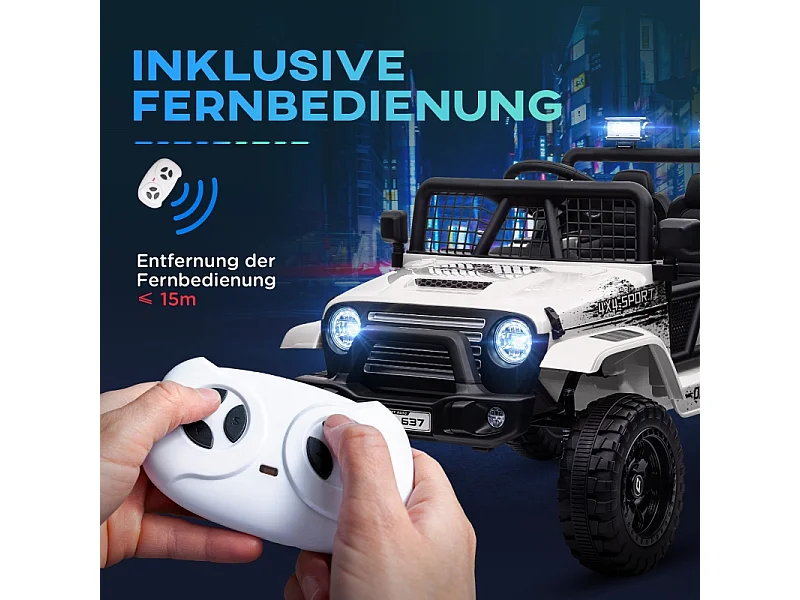 Voiture électrique pour enfants, tout-terrain 12V avec télécommande 2,4G, musique et phares, plastique, blanc (109x67x68,5 cm)