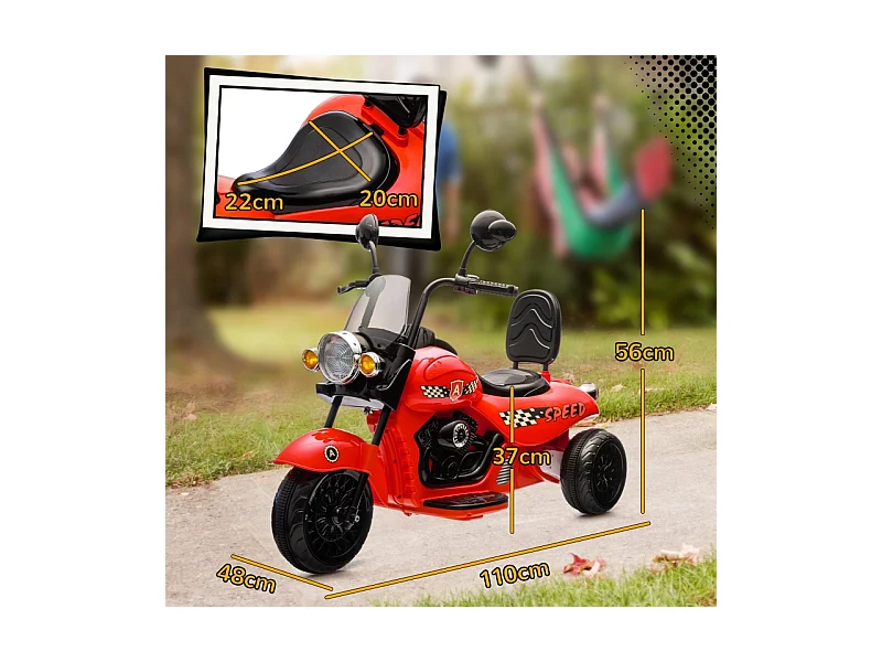 Elektrische kindermotor, 3 wielen, 6V, met koplampen en muziek, kunststof, rood (110x48x56cm)