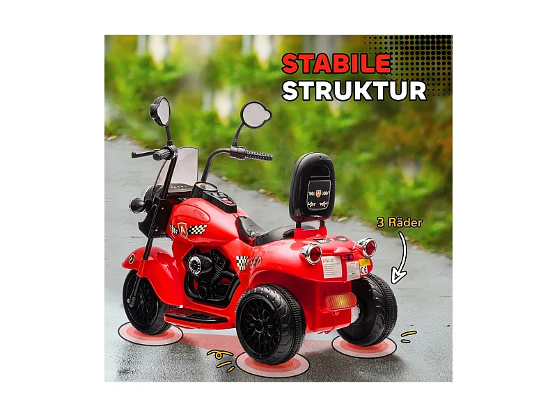 Elektrische kindermotor, 3 wielen, 6V, met koplampen en muziek, kunststof, rood (110x48x56cm)