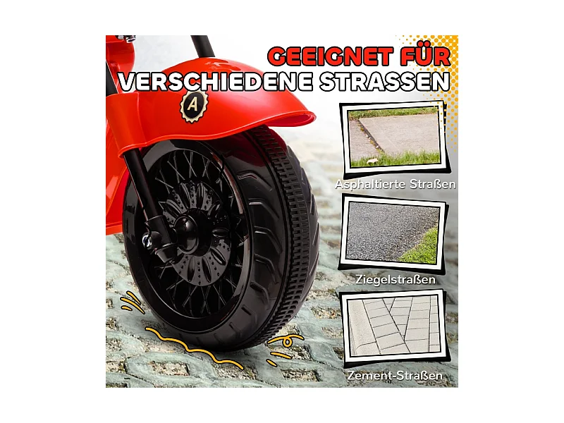 Elektrische kindermotor, 3 wielen, 6V, met koplampen en muziek, kunststof, rood (110x48x56cm)