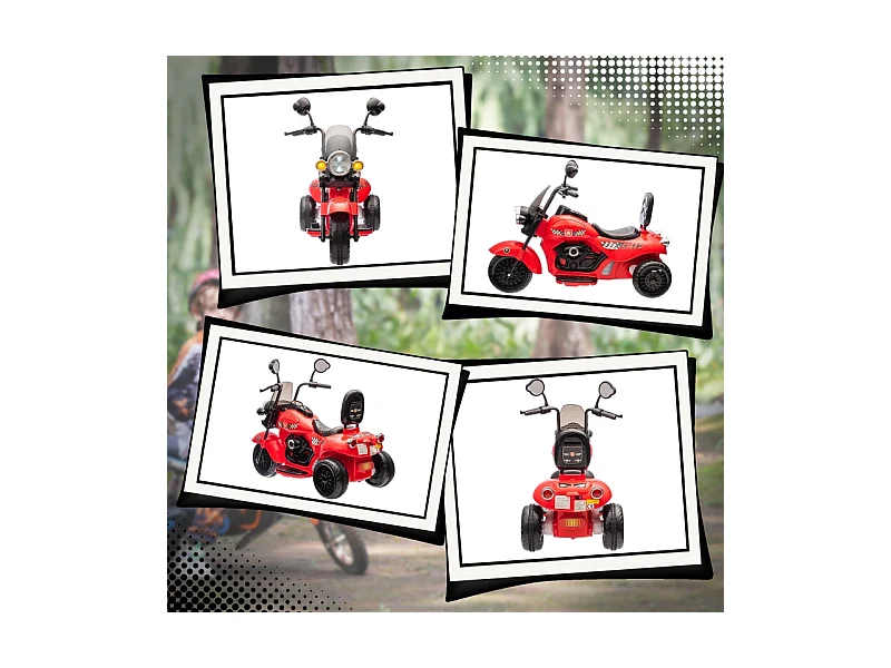 Elektrische kindermotor, 3 wielen, 6V, met koplampen en muziek, kunststof, rood (110x48x56cm)