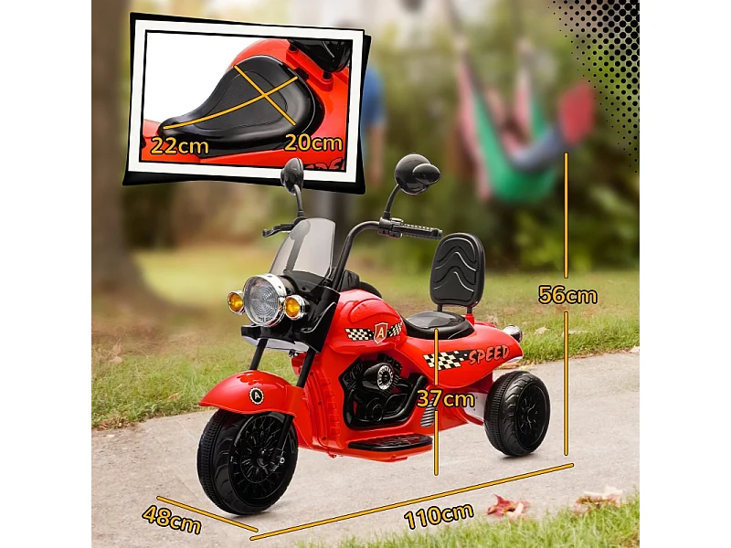 Moto électrique pour enfants, 3 roues, 6V, avec phares et musique, plastique, rouge (110x48x56cm)