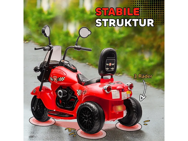 Moto électrique pour enfants, 3 roues, 6V, avec phares et musique, plastique, rouge (110x48x56cm)