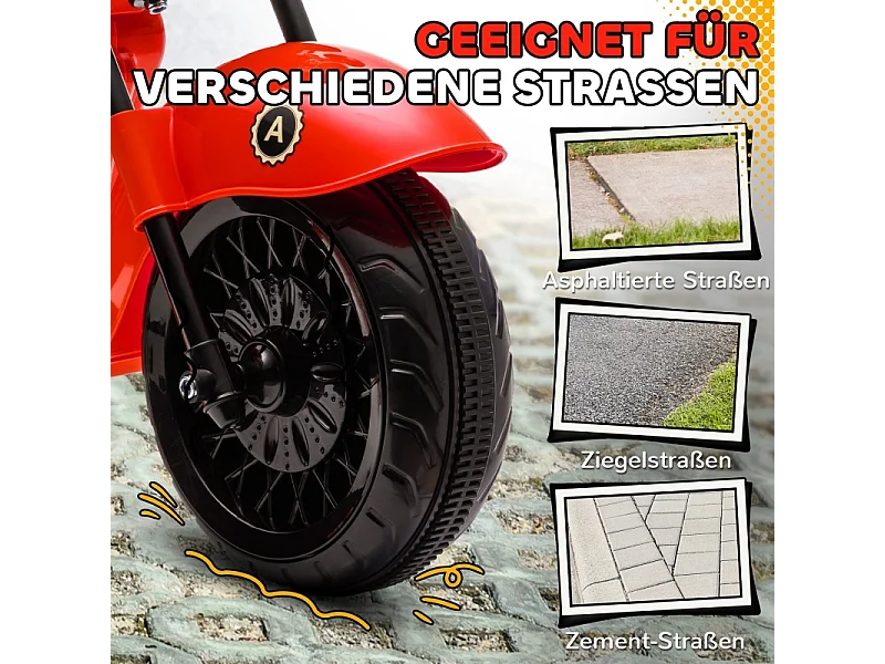 Moto électrique pour enfants, 3 roues, 6V, avec phares et musique, plastique, rouge (110x48x56cm)